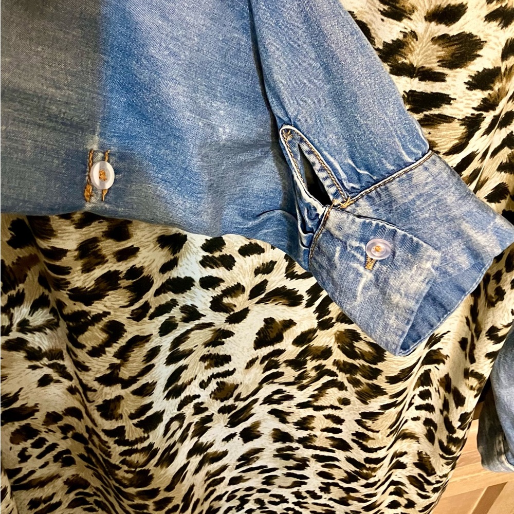Casual Denim Shirt with Leopard Accents - Picture 5 of 5